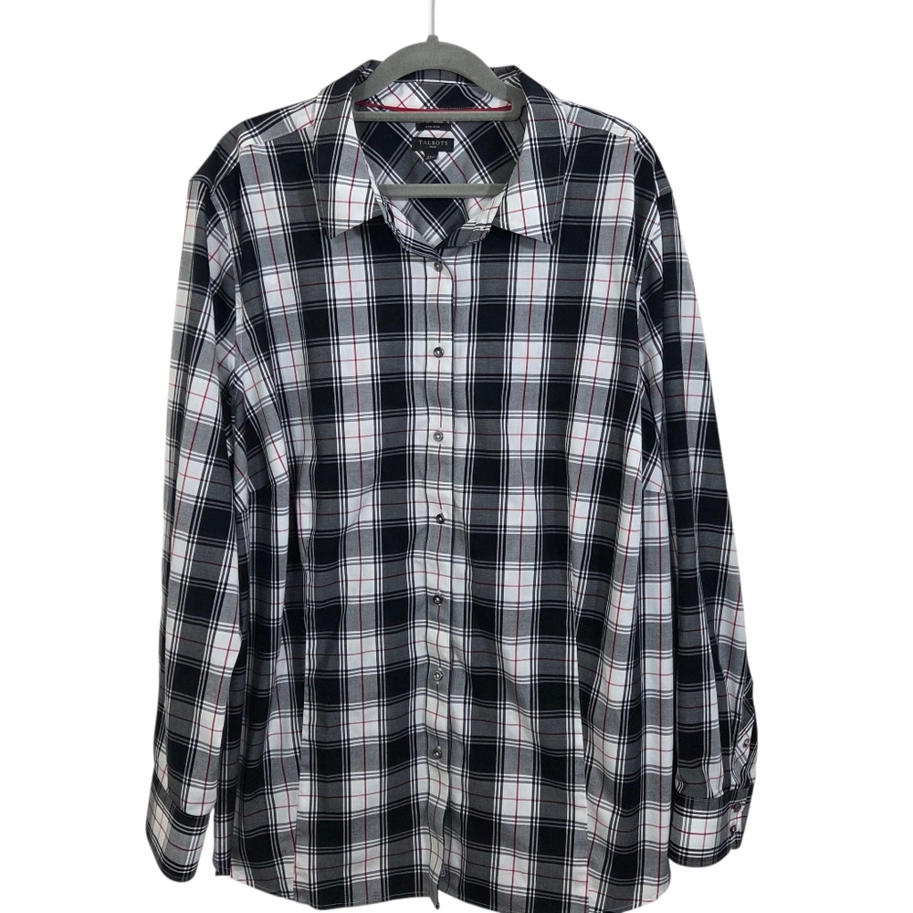 Talbots No Iron Button Up Shirt Blouse Plaid Black White Red Preppy Size 22W